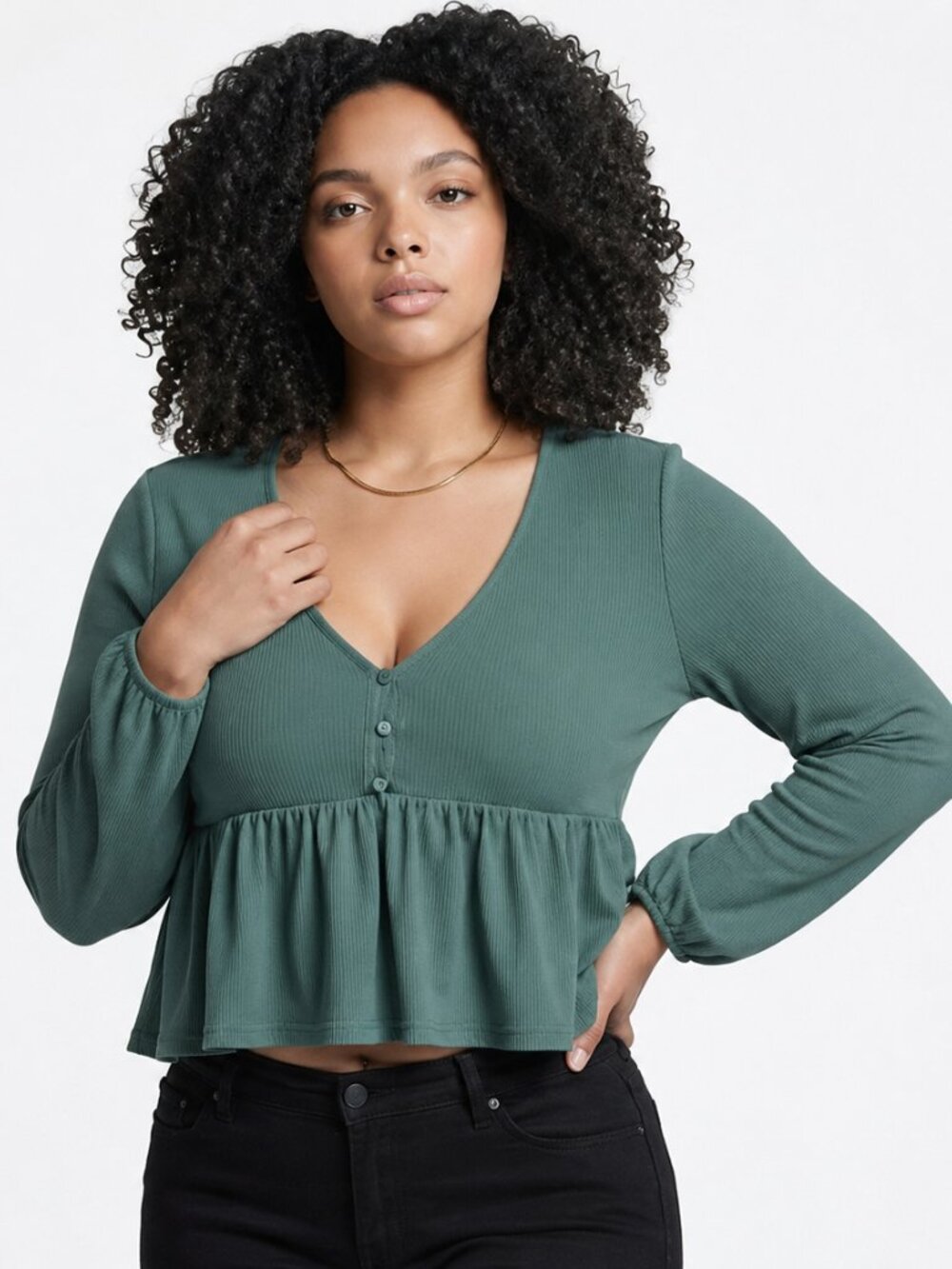 Altar’d State Sage Green Ribbed Babydoll Henley Top M Long Sleeve Boho Peplum
